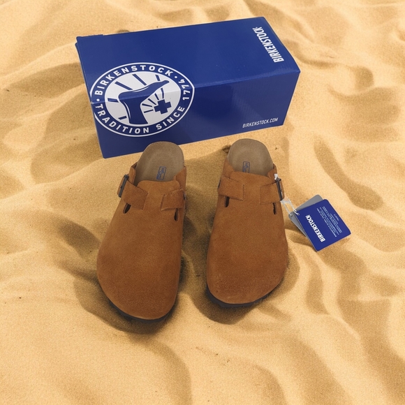 Birkenstock Boston Mink Suede Mules - Narrow Fit - Picture 1 of 6